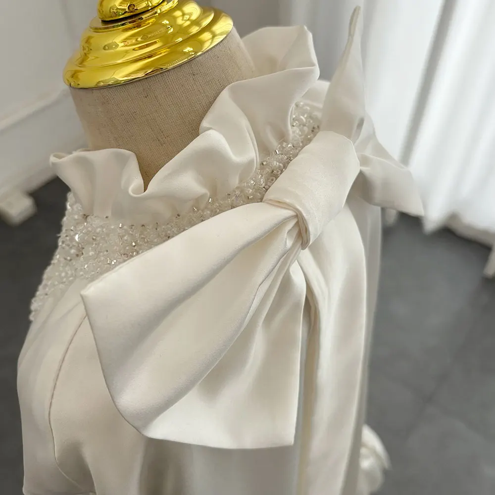 Robe en satin de luxe pour filles, tenue de soirée pour enfants, à fleurs, blanche, avec perles, princesse arabe, pour mariage, cadeau d'anniversaire, première communion