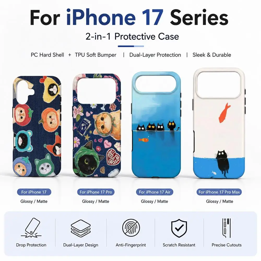 Cartoon Cat Phone Case Film material 2-in-1 Shell FOR IPhone 17 16 15 14 12 17Air 16e 13 Pro MAX 16Plus Cover view 2
