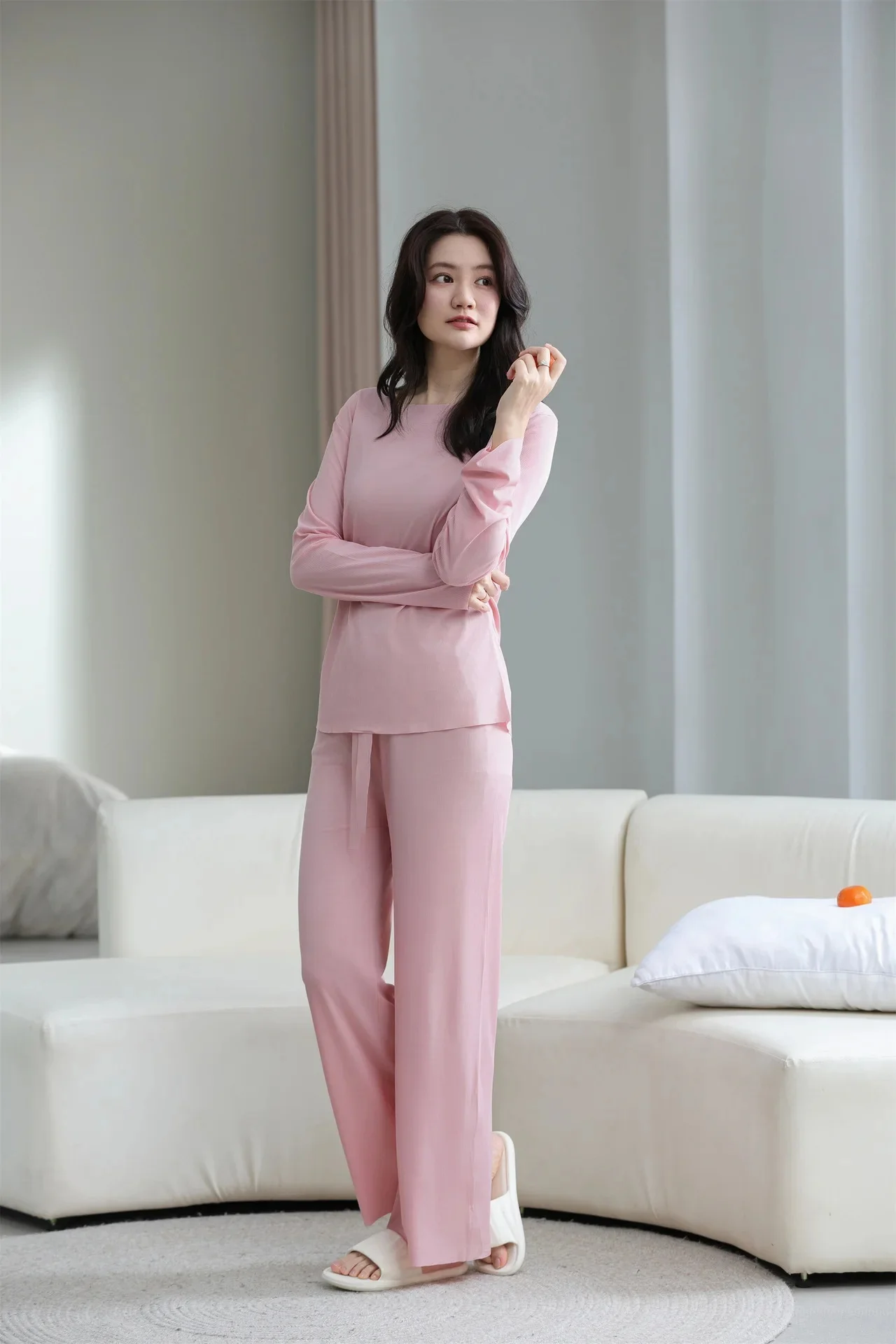 Summer Ice Silk Long Sleeve Thin New Large Size Pure Color Candy Color Furniture Set Cool Air Conditioning Clothes for Women