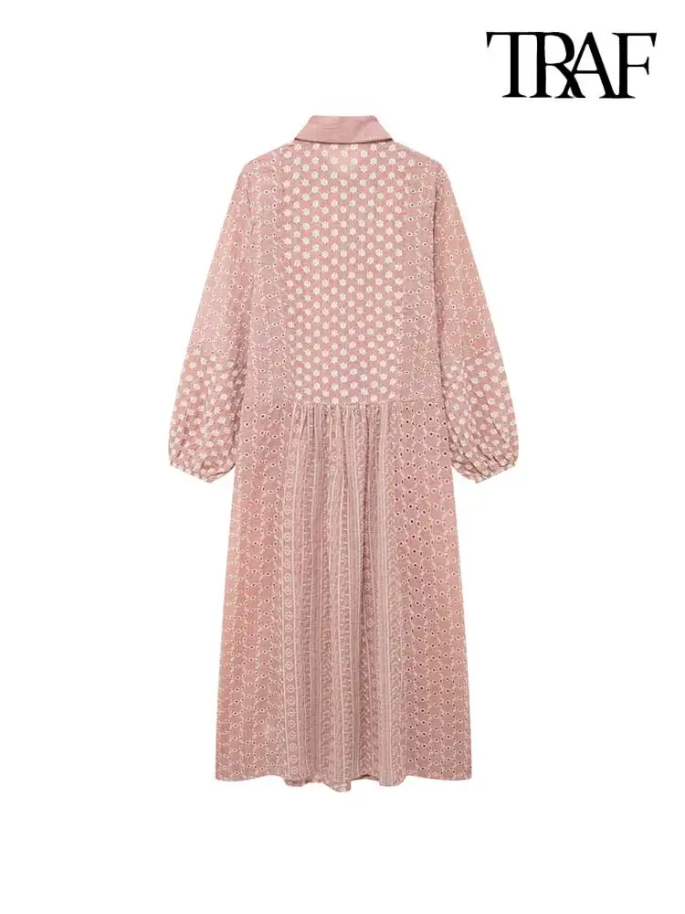 TRAF-Women\'s Cutwork Embroidery Midi Dress, Front Button, Lapel Collar, Long Sleeve, Female Dresses, Chic Fashion