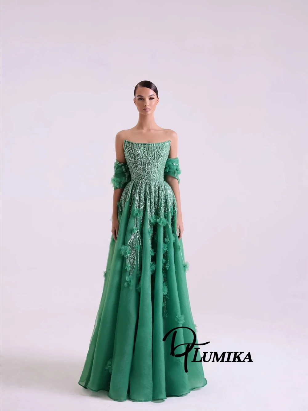 

Chic Emerald Green Off Shoulder Prom Dress Elegant Strapless Handmade Beaded & Floral Formal Sequined Evening Gown For Women