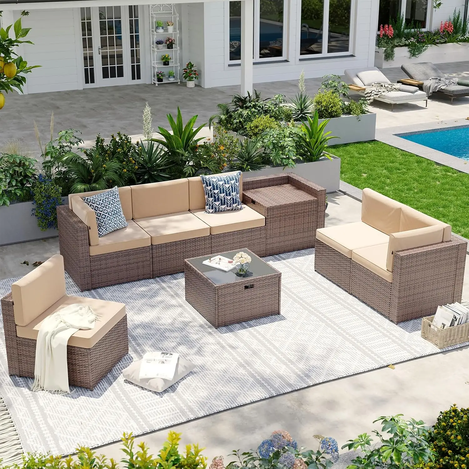 8-Piece Patio Furniture Set, Wicker Outdoor Sectional Sofa with Large Storage Table & Waterproof Cover, Patio, Customized