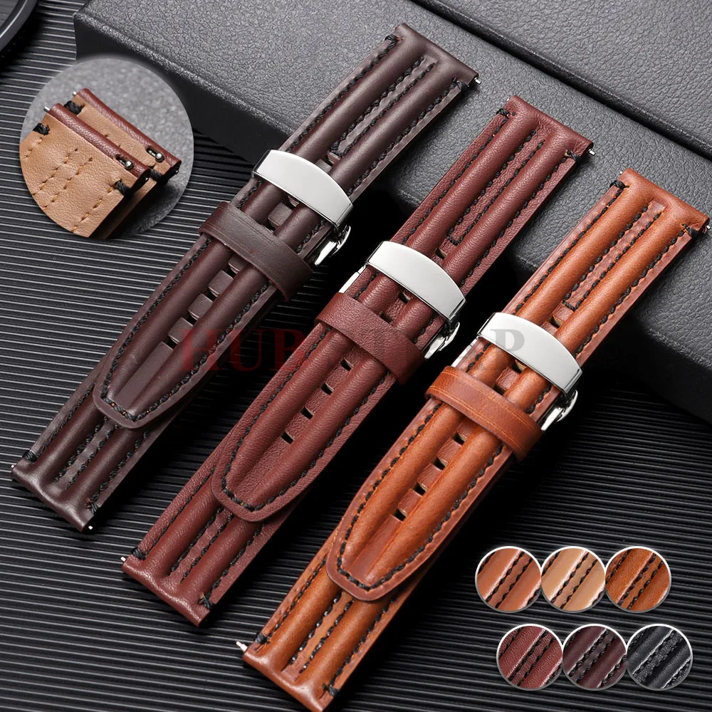 Bracelet de montre rétro en cuir véritable 20mm 22mm avec boucle déployante pour Seiko Rugged Double Bone pour Omega, accessoires pour hommes et femmes
