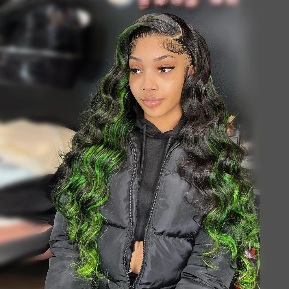 مستقيم تسليط الضوء على خصلات الشعر المستعار الإنسان الأسود مع الأخضر اللون 13x4 13x6 الدانتيل الجبهة الباروكات للنساء قبل قطعها الشعر البشري البرازيلي