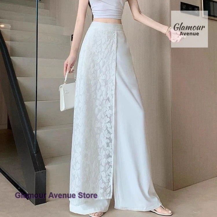 

French style lace stitching high waist wide-leg pants women's summer thin fashion fake two pieces of casual Joker long pants.