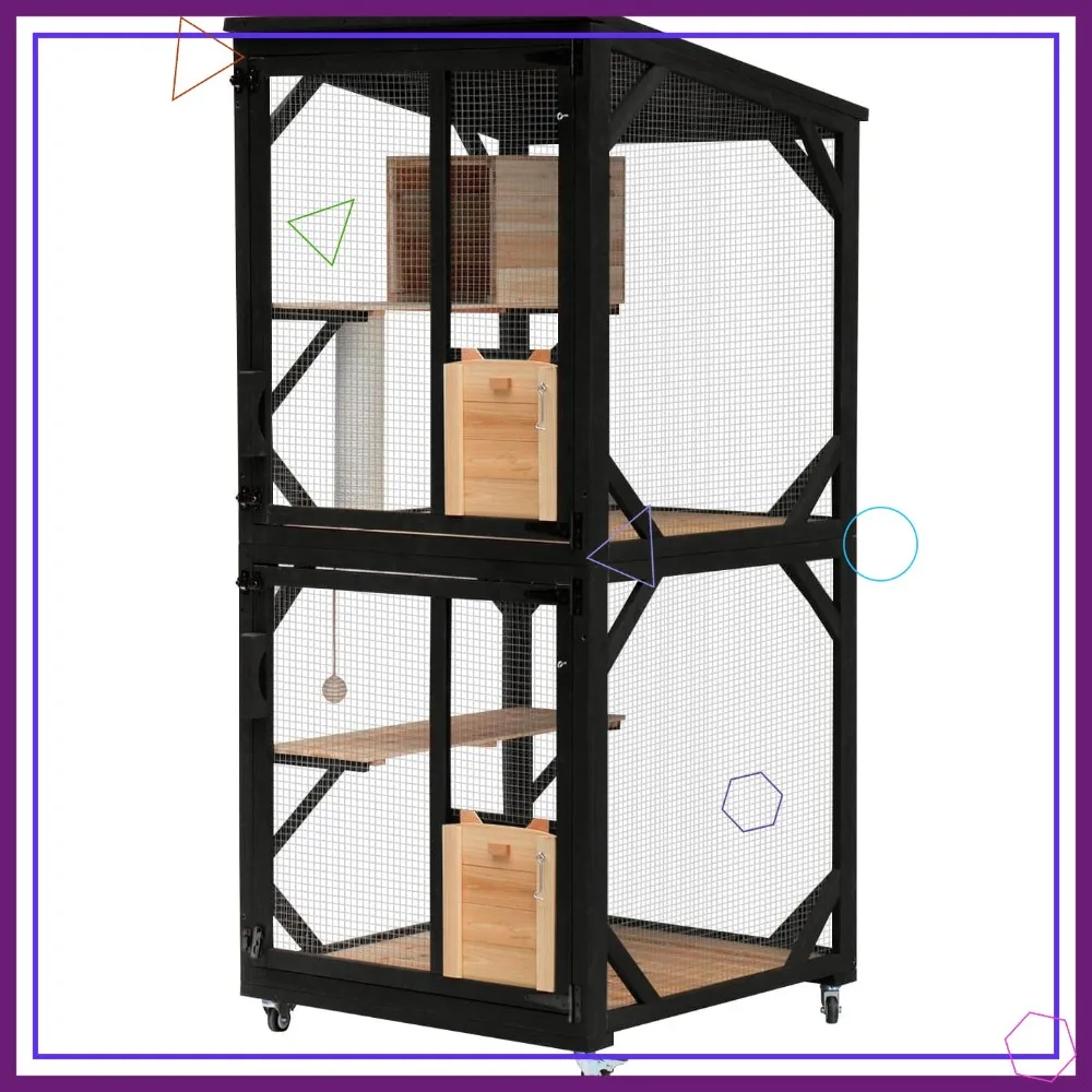 

4-Tier Catio Outdoor Enclosure with Removable Floor, Scratching Post & Wheels - Large Cat House for Multiple Pets