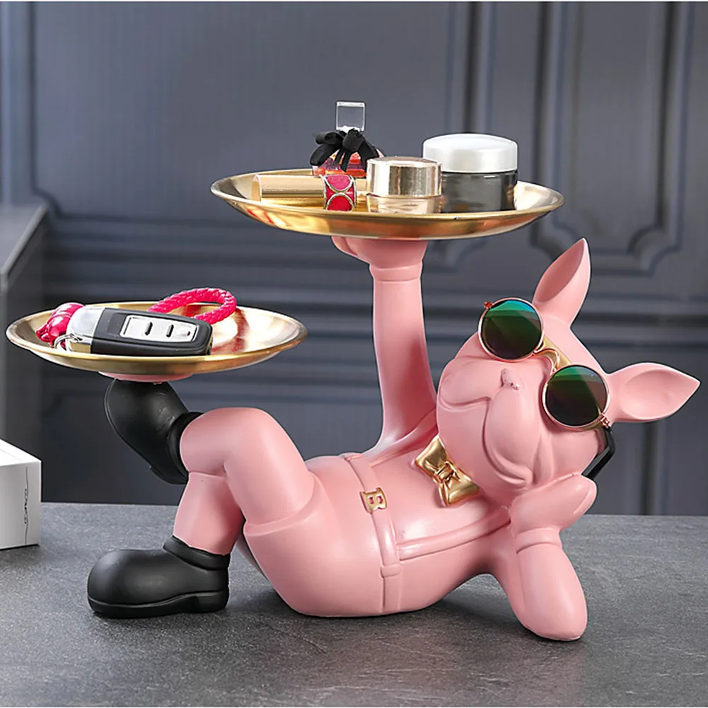 Resin Dog Statue Living Room Decor Dog Sculpture Table Tray Ornaments French Bulldog Figurine for Home Interior Desk Decoration