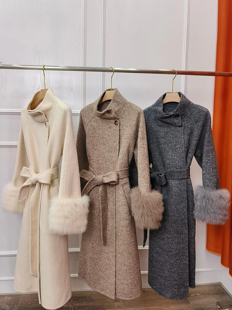 2024 nuova moda inverno Cashmere lana lana donna giacca di lusso vera pelliccia di volpe naturale polsino cappotto donna Outwear cappotto femminile