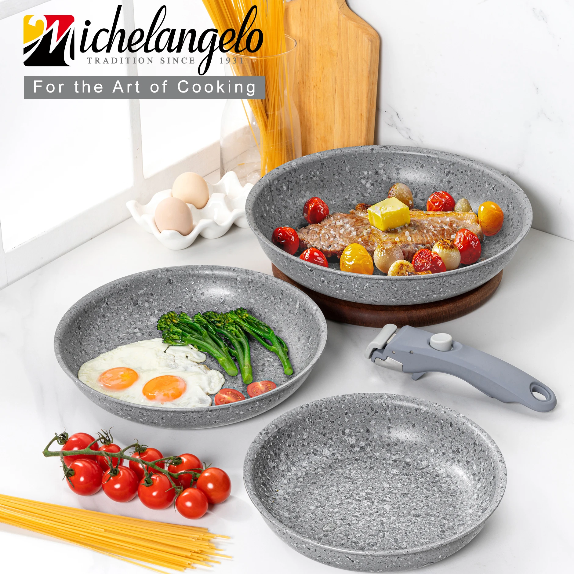 

Набор сковородок MICHELANGELO с антипригарным покрытием со съемной ручкой, гранитное антипригарное покрытие, сковороды 8 дюймов, 9,5 дюйма и 11 дюймов, индукционная плита