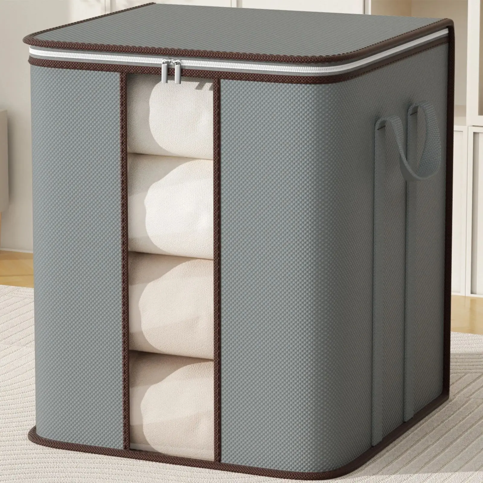 Extra-large cotton quilt storage bag with reinforced handle, suitable for clothes and bedding storage container.