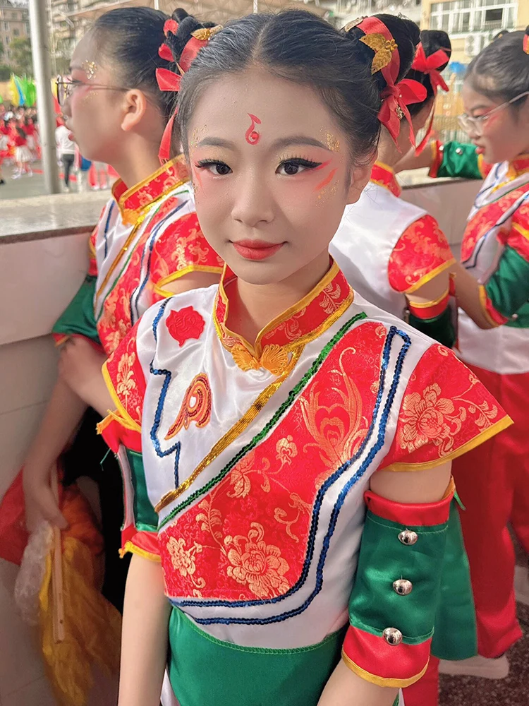 

Children's Celebration Performance Costume Red Festive Dance Waist Drum Yangge Costumes National Stage Outfits for Kids