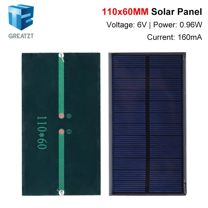 GREATZT 6V 160mA 0.96W Solar Panel 110X60MM Standard Epoxy Polycrystalline Silicon DIY Battery Power Charge Module Mini Solar