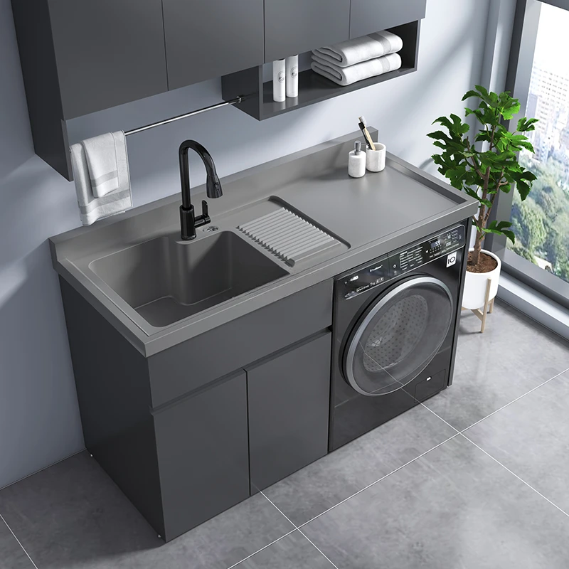 Aluminum Washing Machine Balcony All-in-One Cabinet Combination Laundry Tub Inter-Platform Basin Partner with Washboard