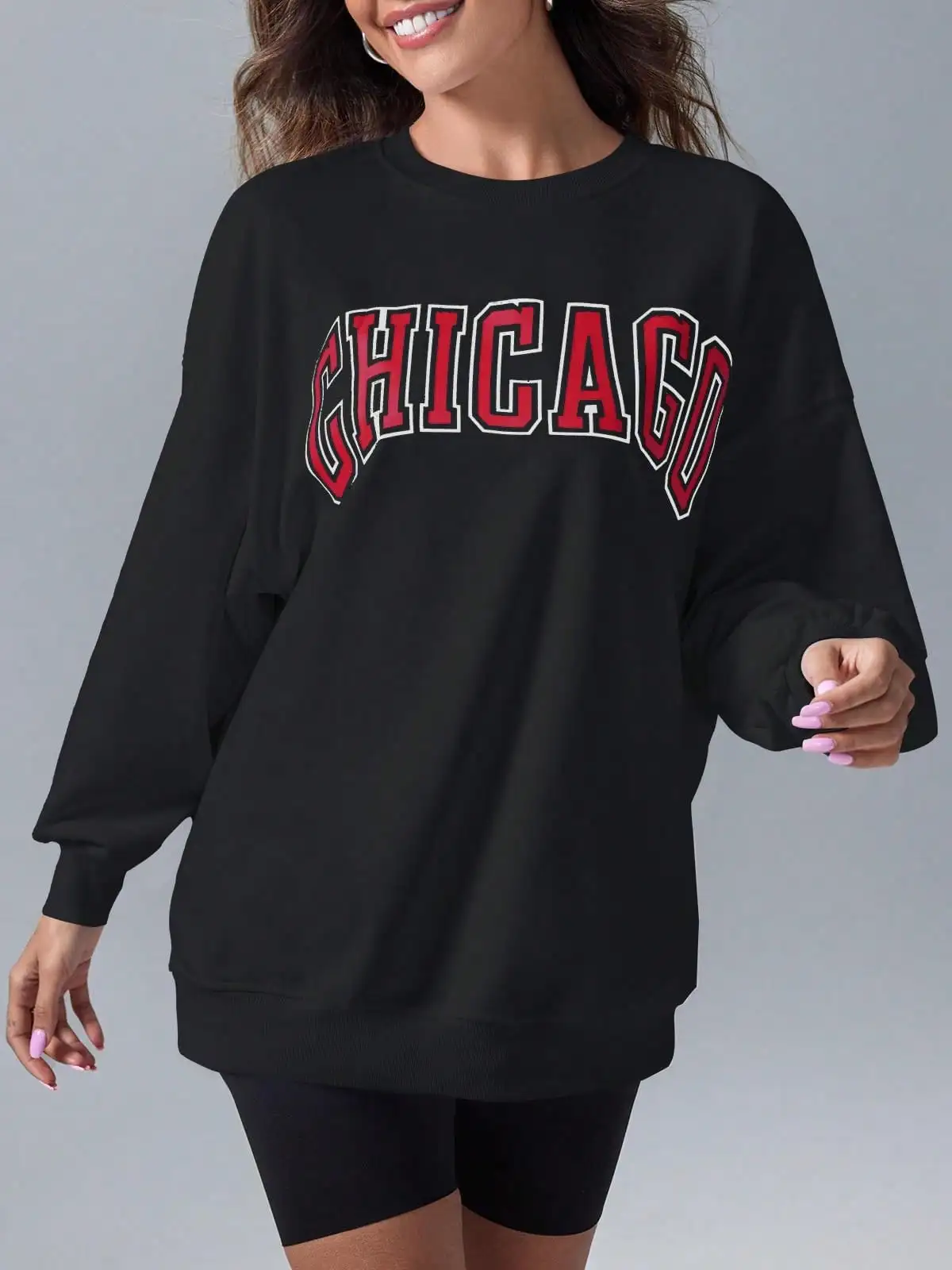 

Fisoew женский свитшот оверсайз с круглым вырезом и длинными рукавами, повседневный свободный пуловер, топы