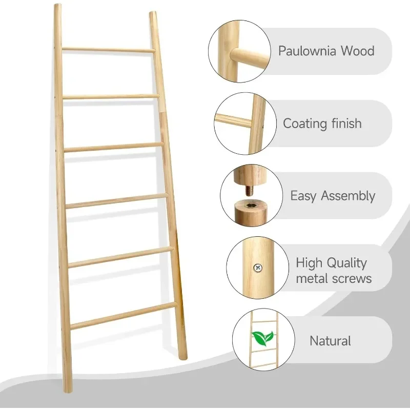 5Ft Paulownia Farmhouse Wooden Blanket Ladder - Lightweight Rustic Decorative Ladder for Blankets, Quilts, Towels - Easy