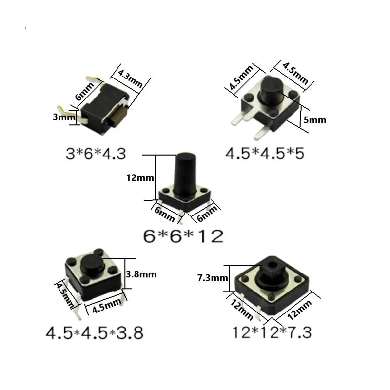 250Pcs 25 Values 10 Pieces Each Type Tactile Push Button Switch SMD Micro Momentary Tact Switch Assortment Kit