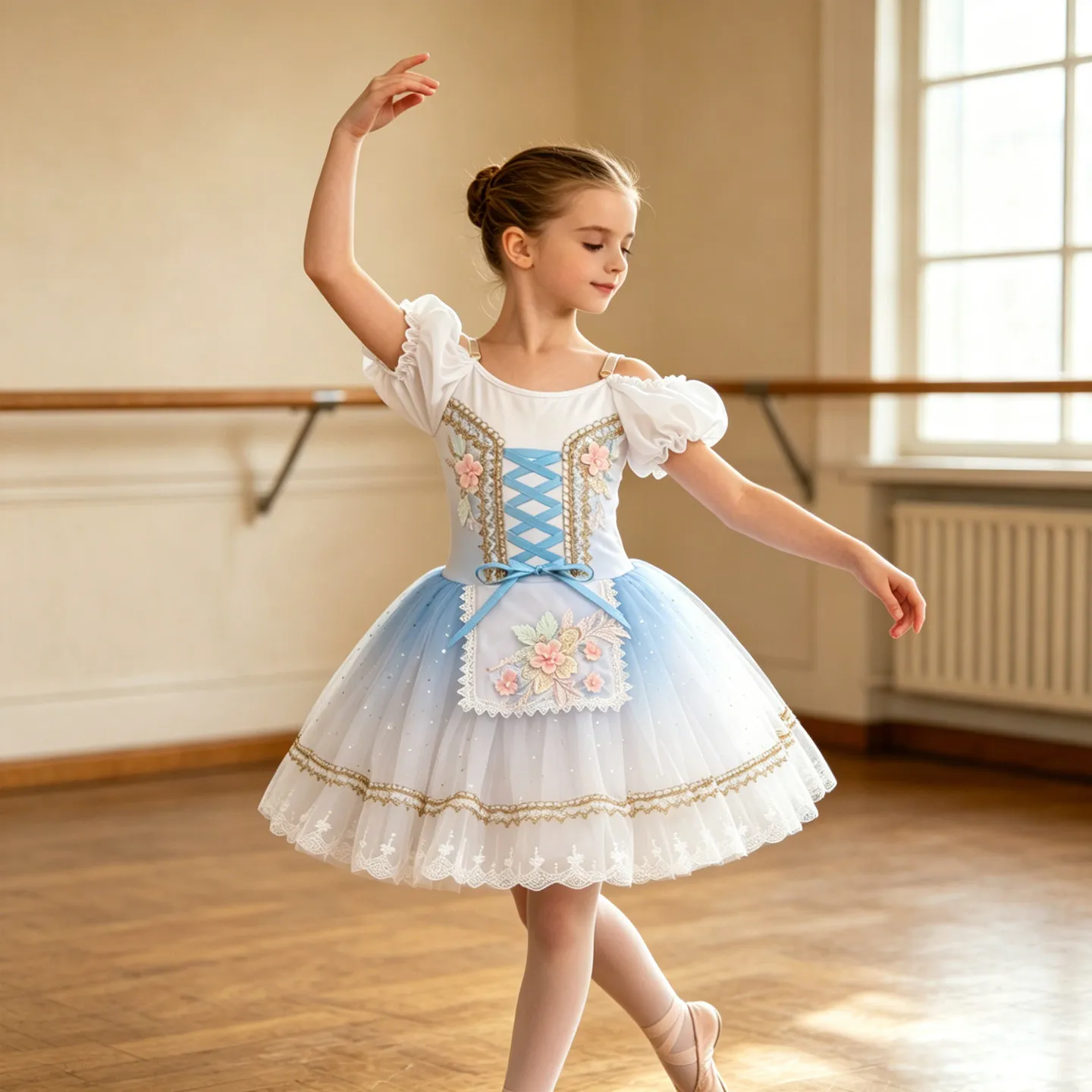 Girls Blue Gradient Ballet Tutu Dress Puff Short Sleeve 3d Floral Embroidery Lace Glitter Tulle Skirt Kids Stage Performance