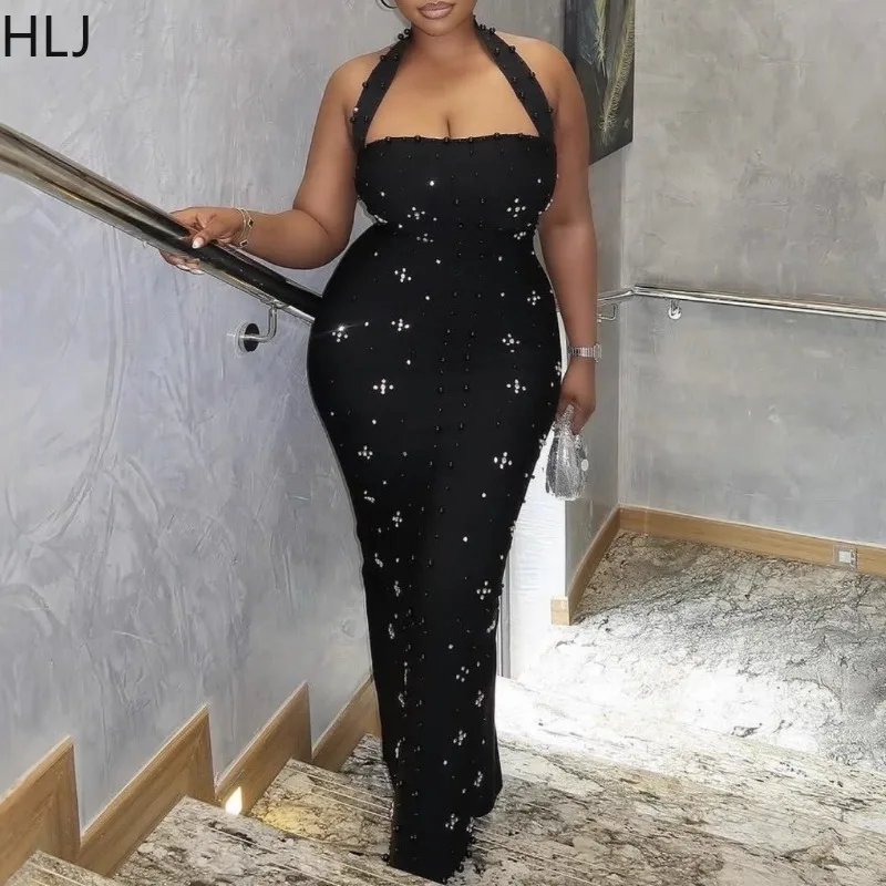 HLJ مثير اللؤلؤ حجر الراين المرقعة Bodycon فساتين طويلة امرأة الرسن عارية الذراعين الطباعة فساتين الإناث نادي الحفلات Vestidos