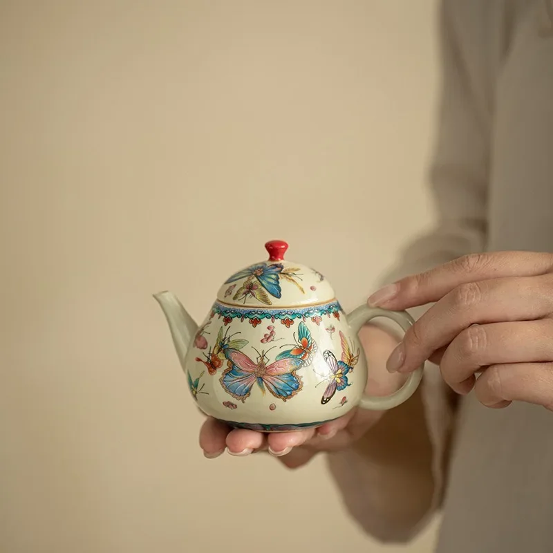Retro Palace Wall Red Butterfly Dance Streamer Small Pear Pot  Anti-scalding Ceramic Teapot Light Luxury Cover Bowl Master Cup