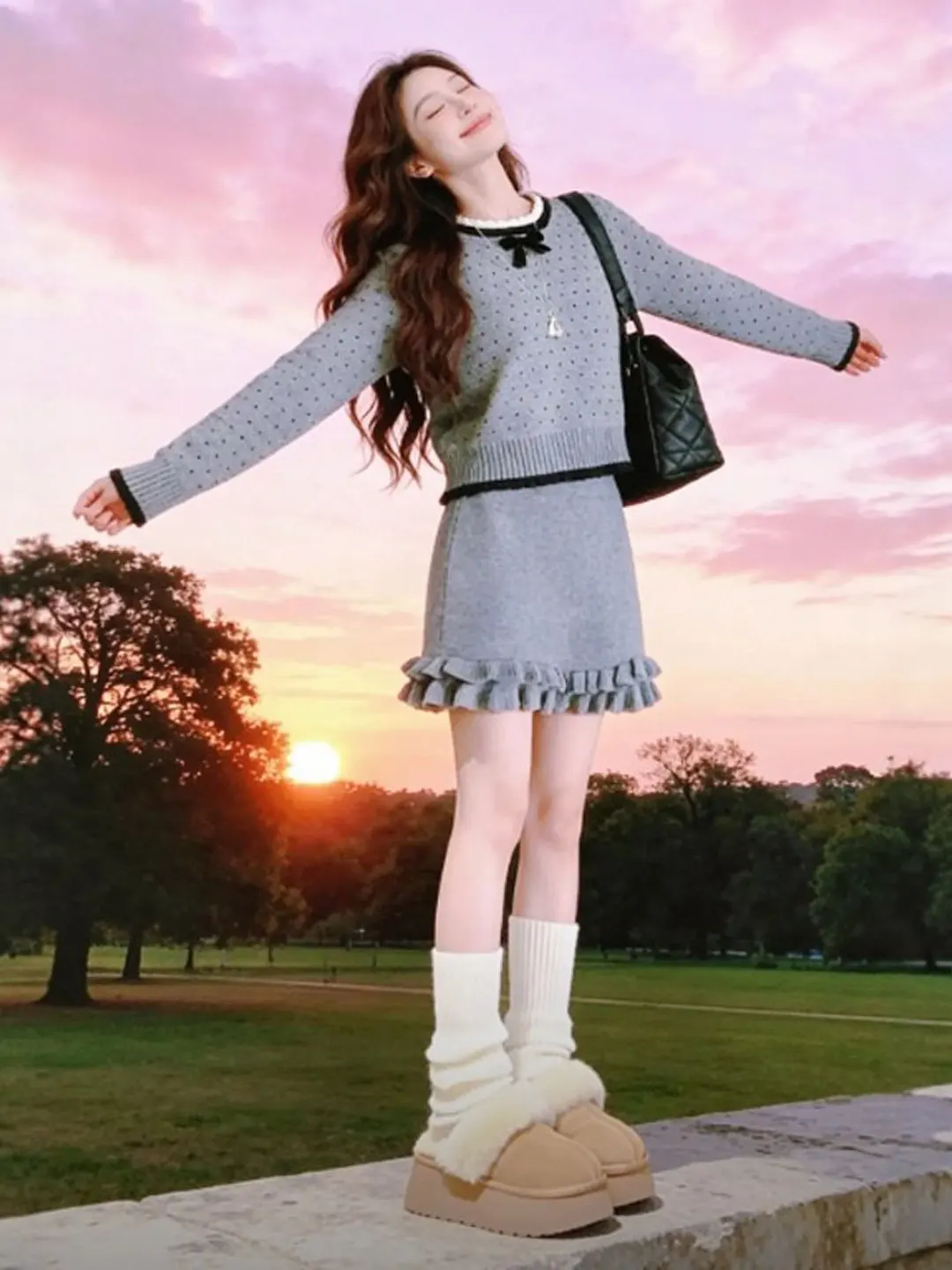 

Korean Sle Gentle Dot Pattern Sweater And f Skirt Two-Piece Set Anti-Aging Whole OOTD Matching Spring 2026 Faion Set