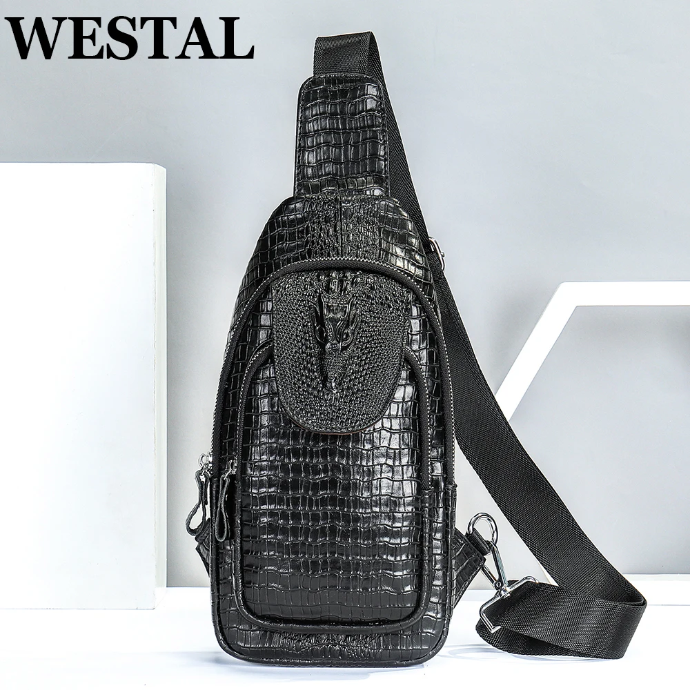 

WESTAL Chest Bag For Men Crossbody Cowhide Leather Shoulder Bag Husband Sling Bag Anti-Thief Croco Business Casual Straddle Bag