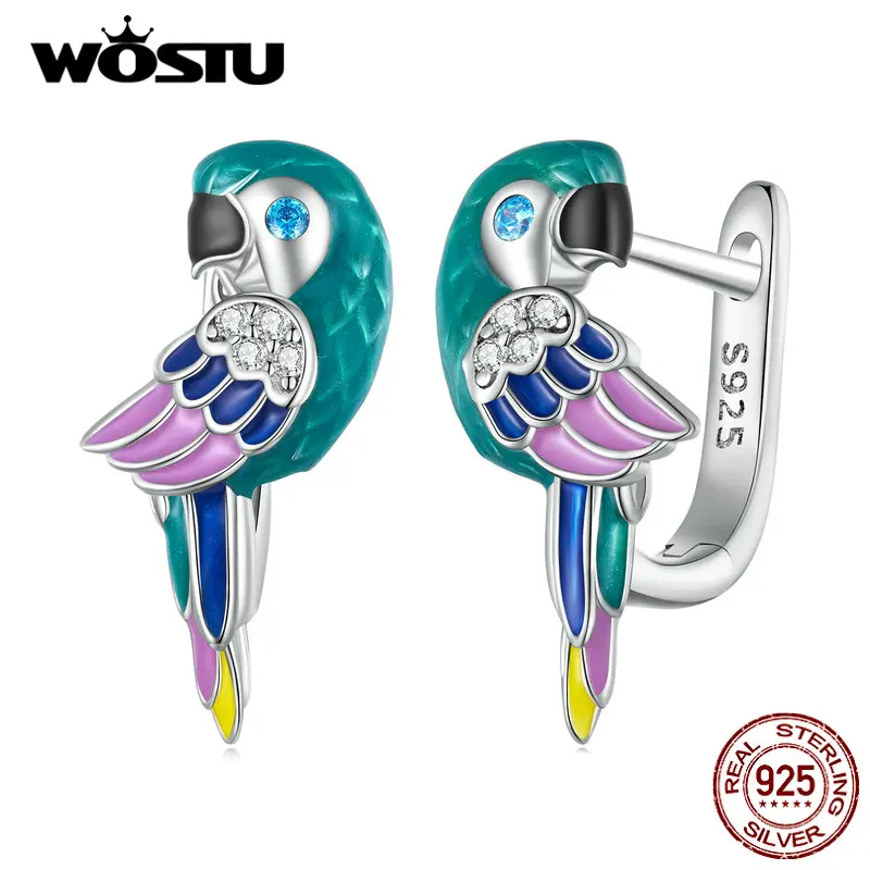 WOSTU 925 Sterling Silver Rainbow Parrot Hoop Earrings For Women Cute Pet Bird CZ Ear Clips Girl Bithday Jewelry Family Gift