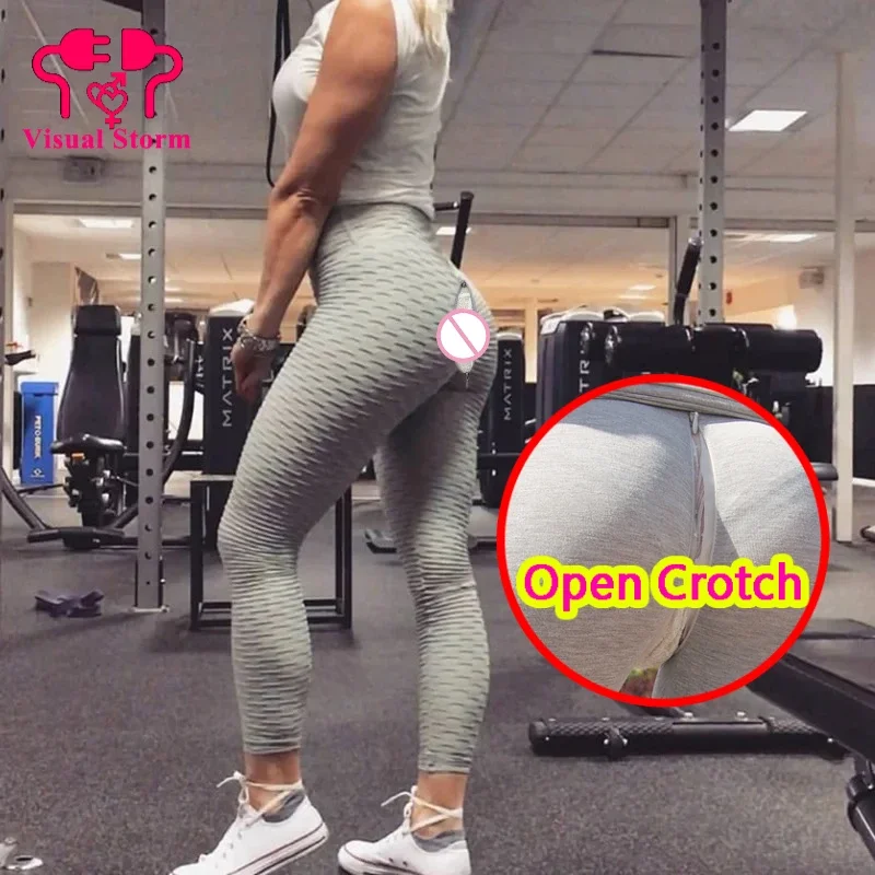 ผู้หญิงเซ็กซี่เปิด Crotch Legging Push Up Gym Crotchless กางเกงคู่ชุดชั้นในเอวสูงซิปเสื้อผ้าออกกําลังกายสําหรับเพศ