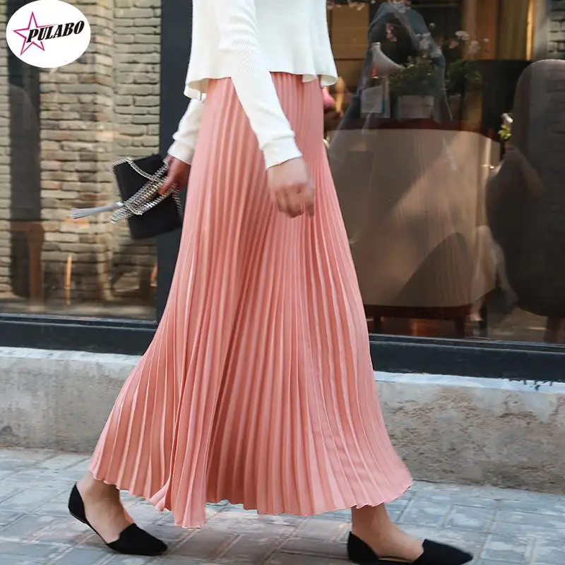 

PULABO Women Spring Autumn Summer Elegant Chic Solid Pleated Skirt High Waist Luxury Fashion With Elastic Female Skirt