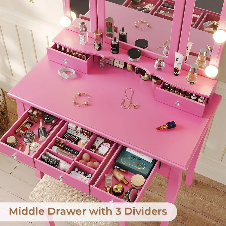 Compact Pink Makeup Vanity Desk with TriFold Mirror and Builtin LED Lights Featuring Wood Upholstered Stool 5 Drawers 8 Jewelry image 4