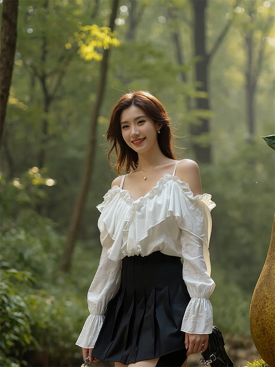 بلوزات كبيرة الحجم للسيدات بلون سادة من الدانتيل الأبيض أنيقة من القطن بأكمام قصيرة أنثوية للخريف مقاس كبير للحفلات #3