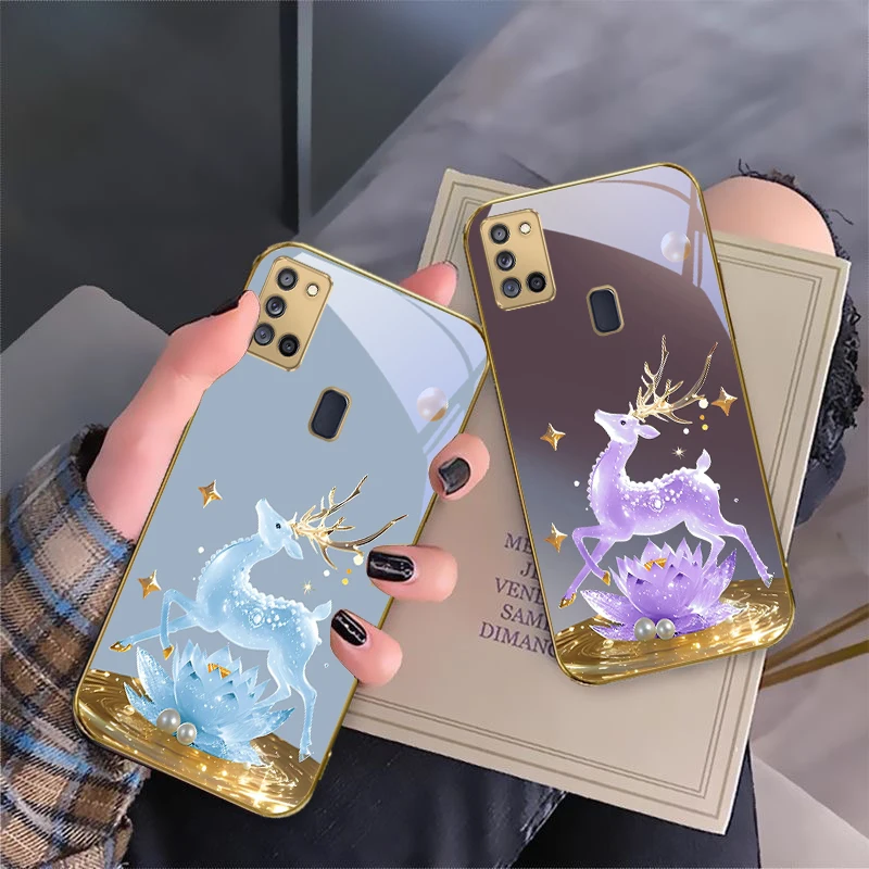 غزال ذهبي رائع لهاتف سامسونج A 31 32 A33 A34 35 14 A15 13 A16 25 A26 50 52 53 54 55 56 70 71 72 73 حافظة هاتف زجاجية ذهبية