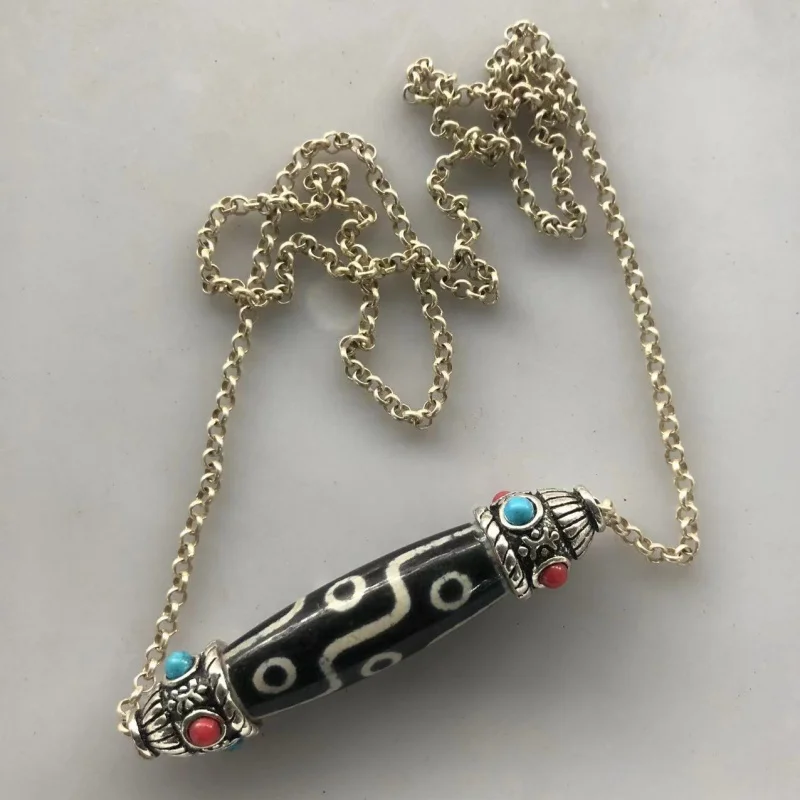 

Wholesale Tibetan Silver Turquoise Sets Inlaid Dzi Bead High Oil Coated Pulp Dzi Bead DIY Trim Chain