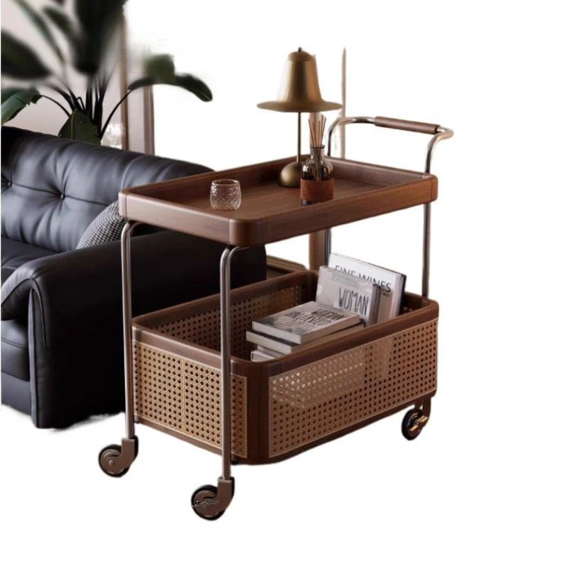 Solid wood mobile with wheel edge, stainless steel storage, medieval trolley, living room rattan storage