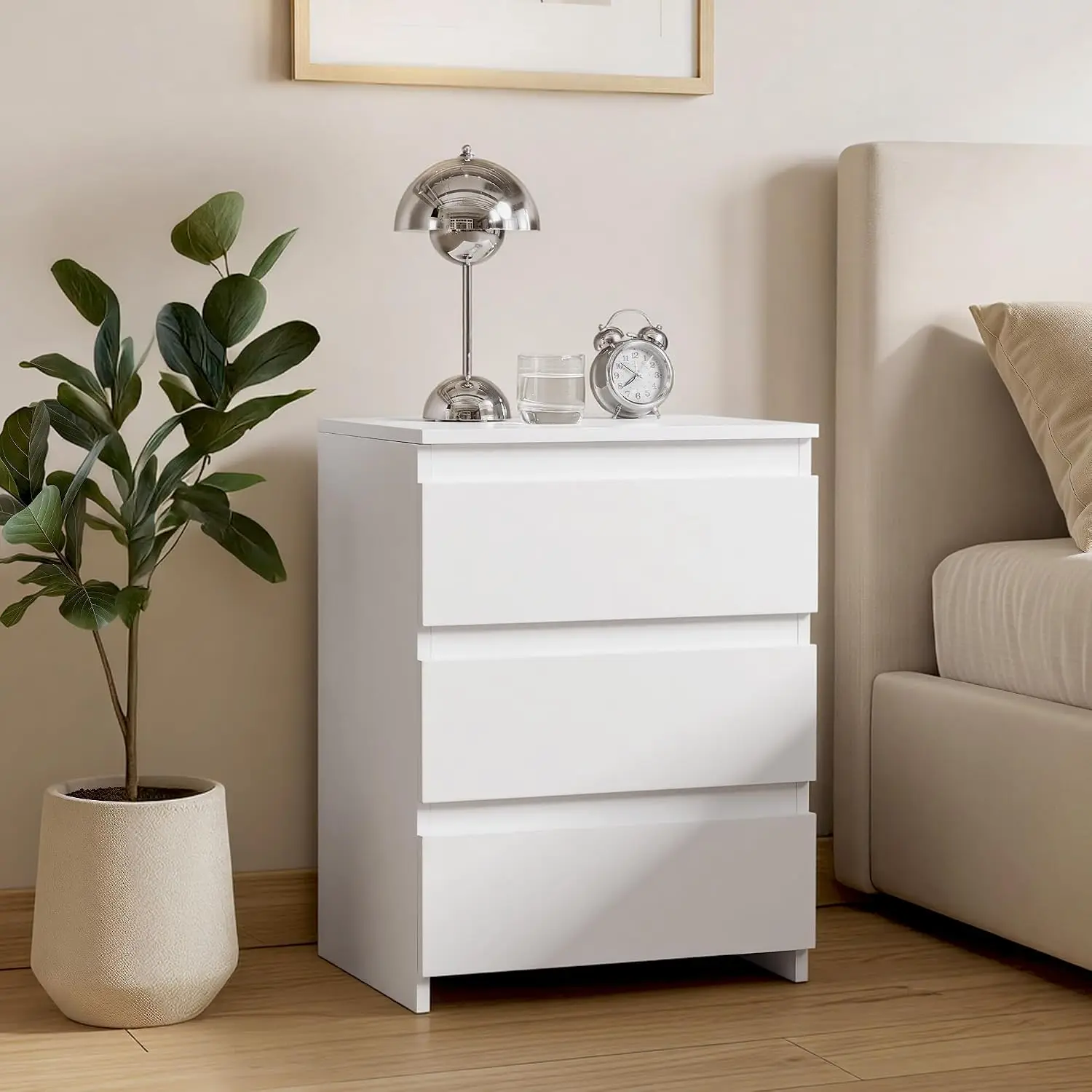 Small Nightstand with 3 Drawers, Bedroom Storage Dresser, White view 2