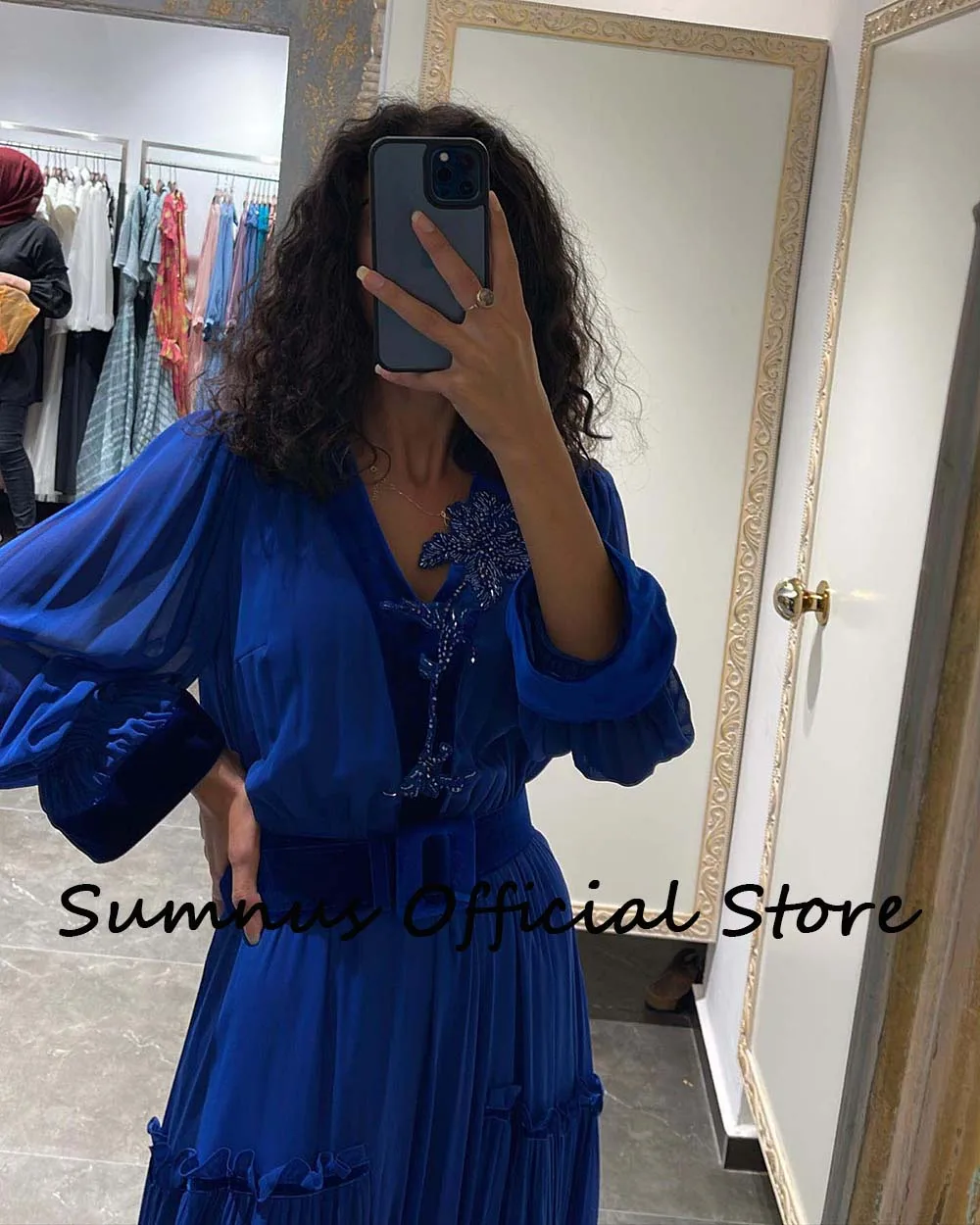 Sumnus-vestidos de noite azul royal com cinto, linha A, árabe saudita, manga comprida, perolização, apliques, Dubai elegante, vestidos de baile com cinto