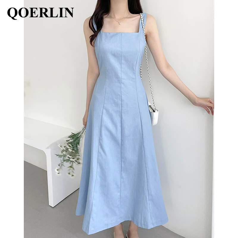 

QOERLIN Stylish Lace-Up Tank Dress Women Fashion Zipper-Fly Square Collar Sleeveless Jeans Dress A-Line Long Dress Summer New