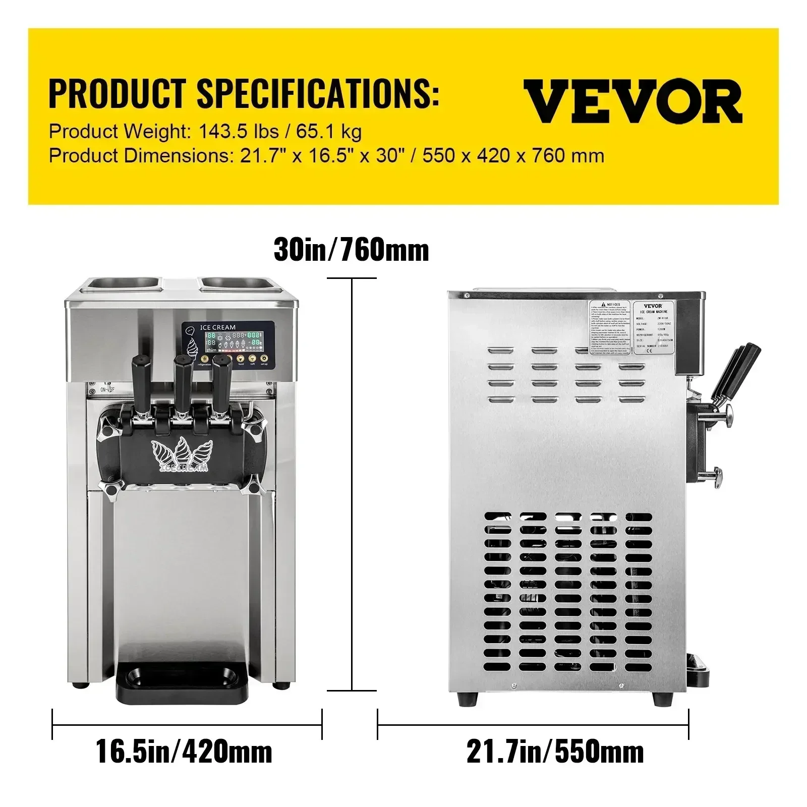 VEVOR Commercial Soft Serve A168  1200 W Ice Cream Machine 3 Flavors 18L/H Ice Cream Maker 2022 New