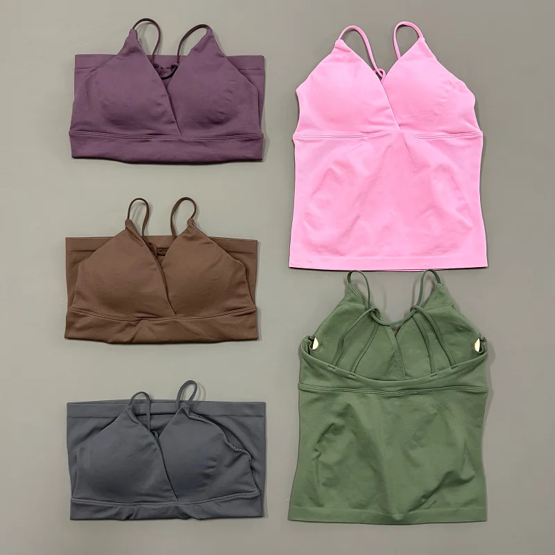 Vision Women Yoga Tank Top V Neck Thin Strap Cross Back Seamless Longline Workout Bra Quick Dry Gym Running Fitness Top