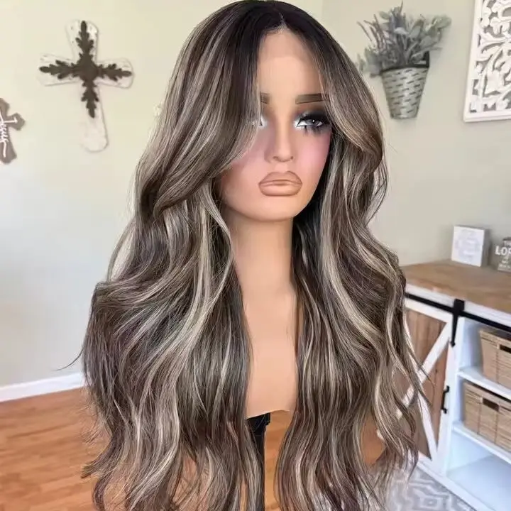 

Dark Brown With Blonde Highlight Synthetic Lace Front Wig For Women Luxury Wig Preplucked Hairline Body Wave Brunette Fibre