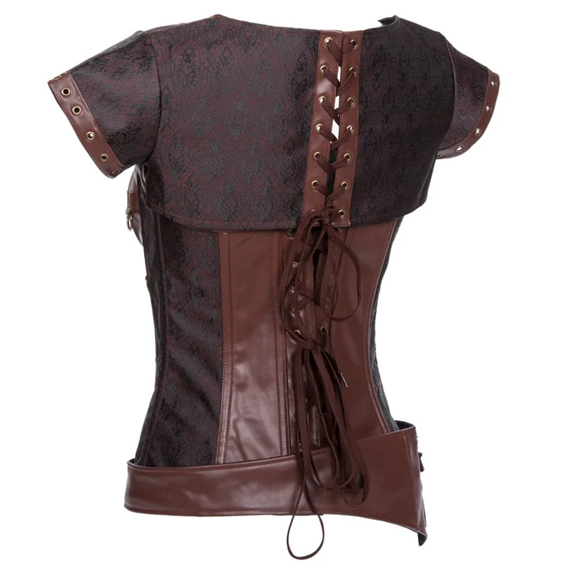 Gothic  Spiral Women Plus Corset Size Kam Shoulder Vintage Pu leather Steampunk Brown Outerwear Bustier Corselet Overbust Tops