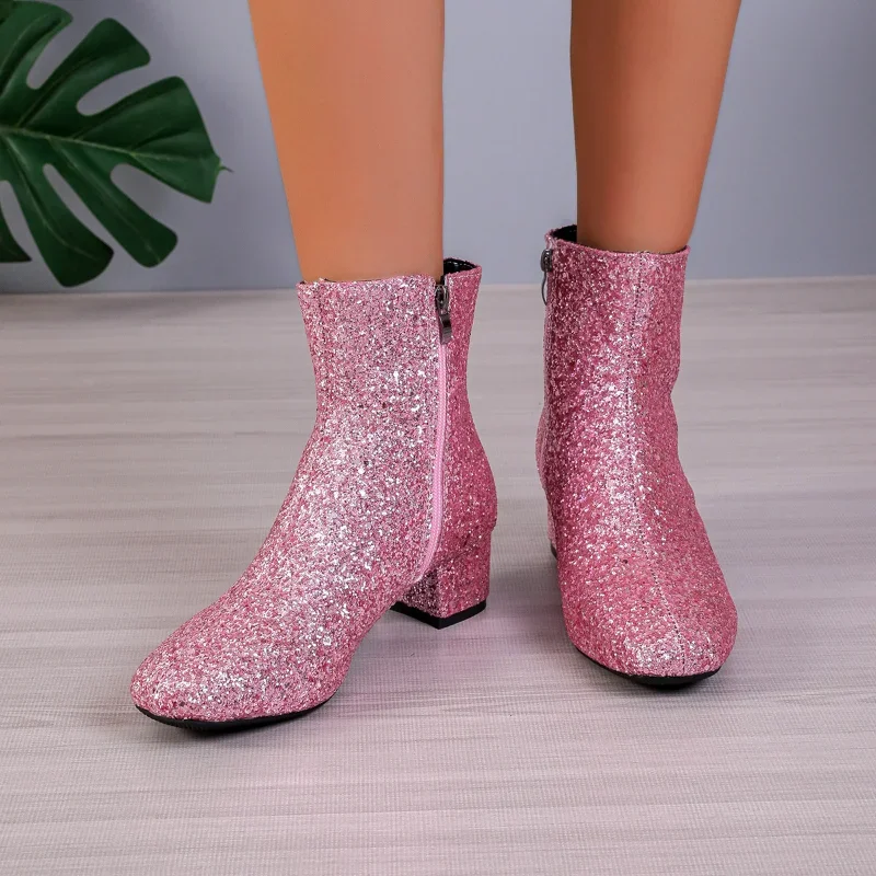 Shiny Sequins Pink Cowboy Boots for Women 2024 Autumn Winter Leather Ankle Boots Woman Sexy Thick Heels Chelsea Botines Mujer