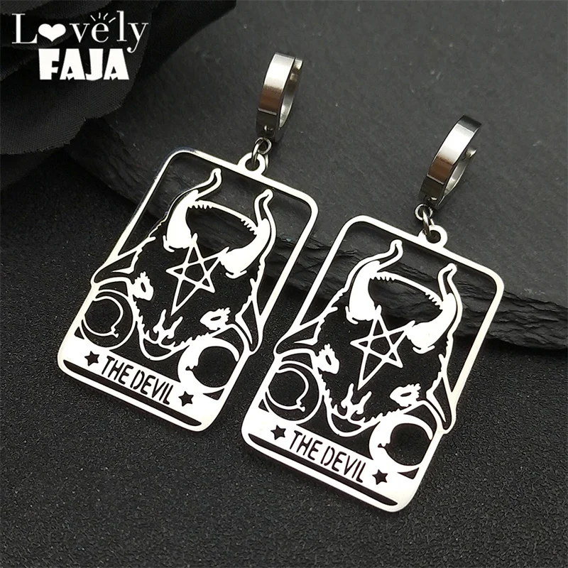 Vintage Goat Sheep Head Pentacle Drop Earrings Stainless Steel The Devil Witch Hollow Pentagram Moon Earring Satantic Jewelry