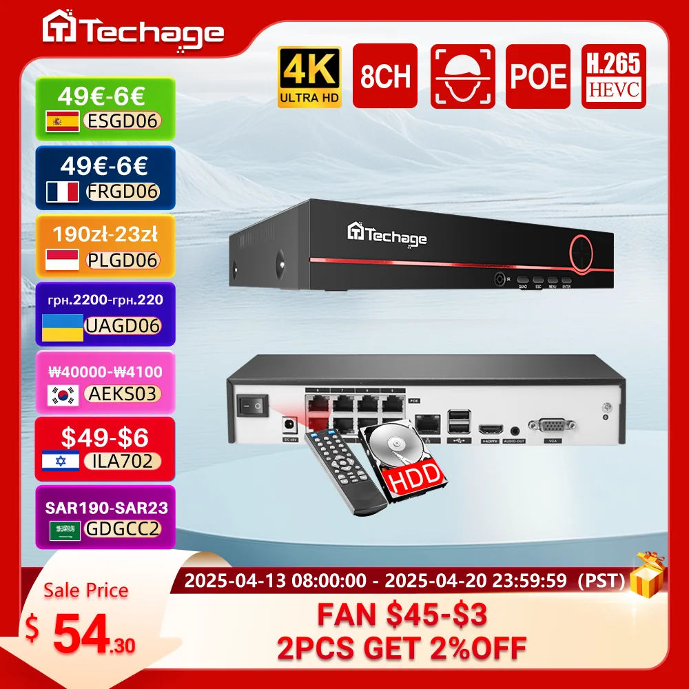 Techage H.265 8CH 4K 2K POE NVR Security Surveillance Network Video Recorder Up to 16CH For CCTV System POE IP Camera Recorder