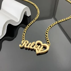 Customized Double Layer Welding Name Letter Necklaces for Women Men Big Heart Necklace Pendant Thick Figaro Chain Jewelry Gift