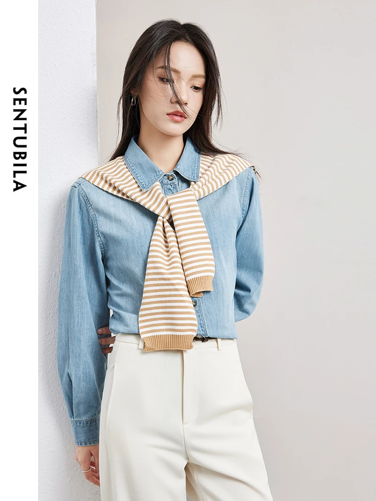 SENTUBILA Cotton Denim Shirt Women 2024 Autumn Casual Long Sleeve Polo Collar Button Up Shirts & Blouse Woman Clothing W41C53623