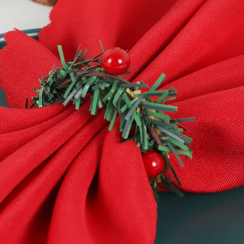 Merry Christmas Red Berry Pine Needle Wreath Design Napkin Ring Christmas Table Decorations For 2024 Xmas Navidad Party Supplies