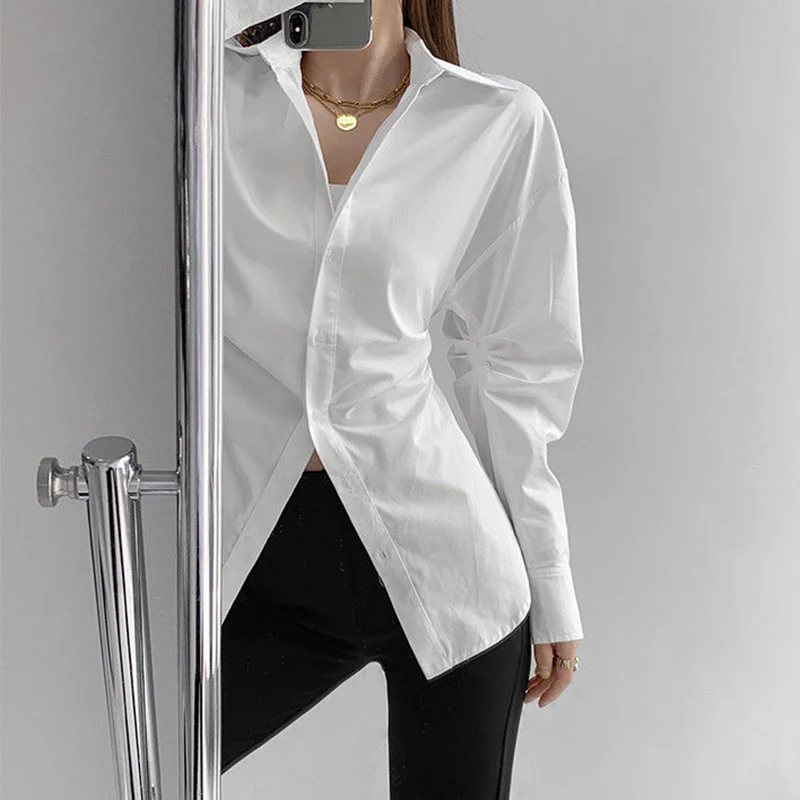 Rimocy 2024 Fashion White Slim Fit Shirt Women Turn Down Collar Elegant Long Sleeve Blouses Woman Pleated Button Up Shirts Top