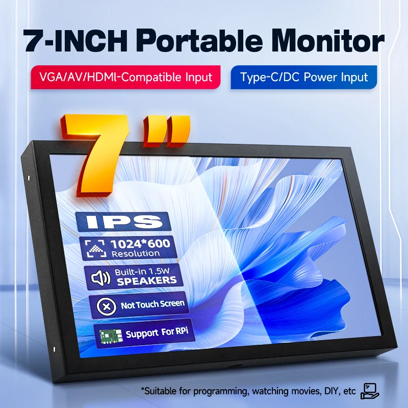 PC 노트북 카메라 TV 박스 DVD용 휴대용 모니터, HDMI 호환 VGA AV 입력, DC C타입 전원 화면, 1024x600 IPS LCD, 7 인치