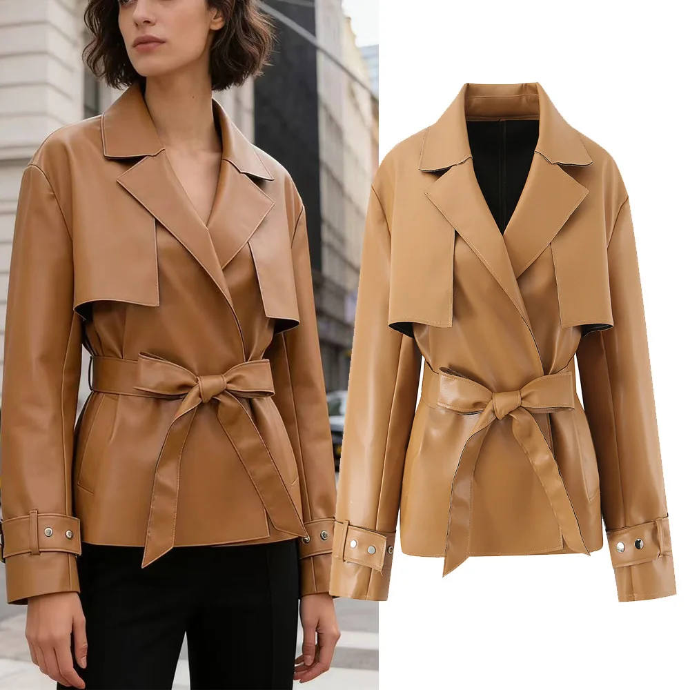 

British Style PU Leather Short Waist-Cinching Belted Women's Jacket Luxury Atmosphere Outerwear Elegant Personality Coat