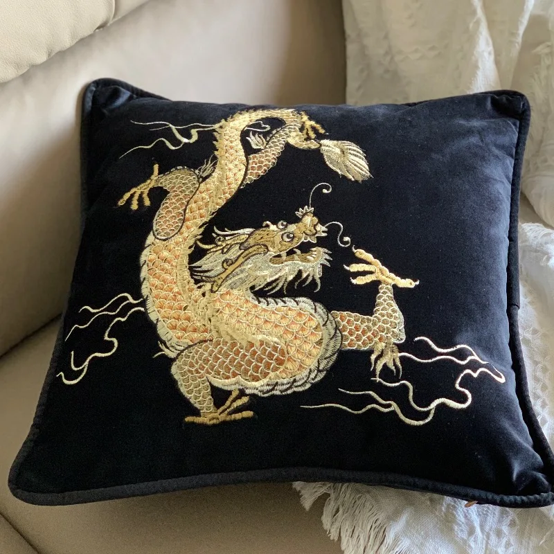 

Chinese Gold Dragon Pillows Cushion Case Black Velvet Embroidery Decorative Pillow Cover For Sofa 48x48 Art Living Room Home Dec